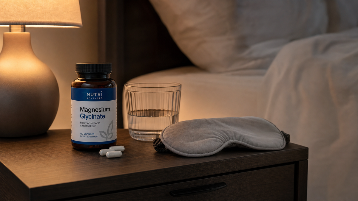 Bottle of magnesium glycinate supplement on a nightstand next to a sleeping eye mask