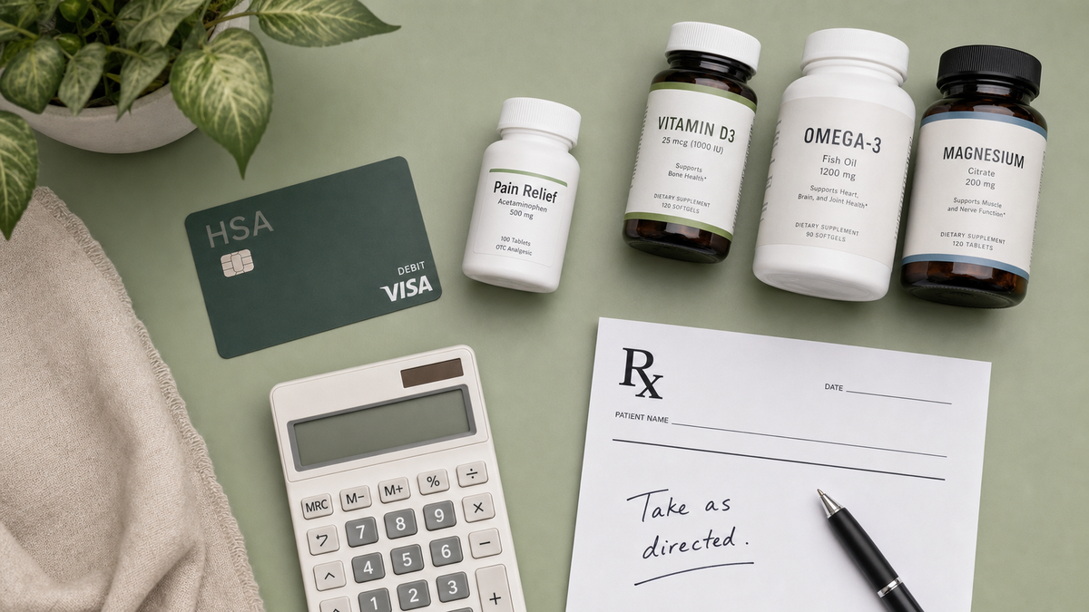HSA card next to a bottle of supplements and a laptop showing the TrueMed checkout process