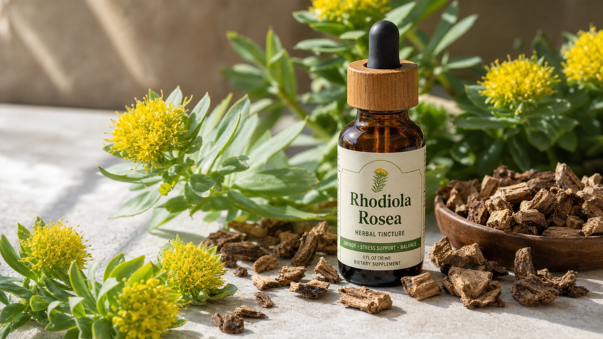 Bottle of rhodiola rosea tincture next to dried rhodiola root on a wooden surface