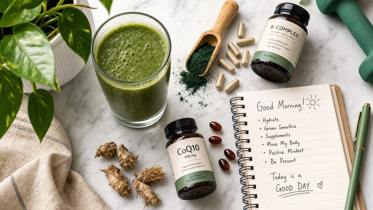 Assortment of natural energy supplements including rhodiola tincture and spirulina powder on a bright white surface