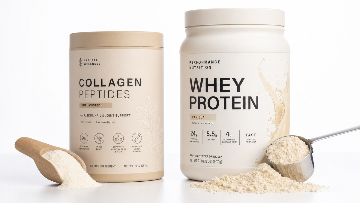 Side-by-side collagen protein and whey protein powder scoops on a clean white background