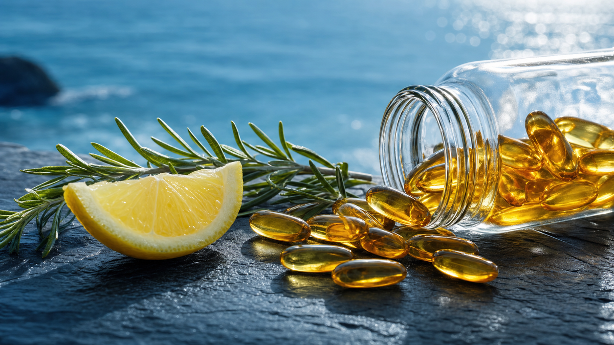 Nordic Naturals Ultimate Omega 2X fish oil softgels in a clear bottle with a lemon on a light wood surface