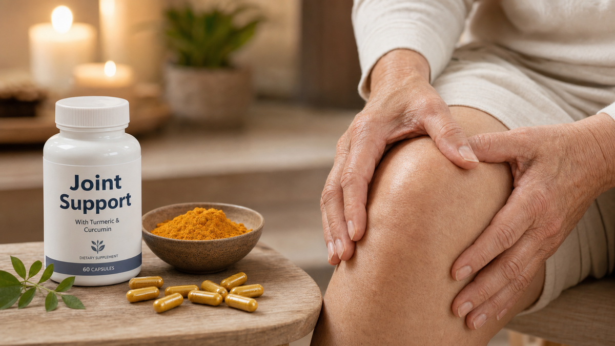 Bottle of Instaflex Joint Support supplement on a wooden surface next to turmeric root and glucosamine capsules