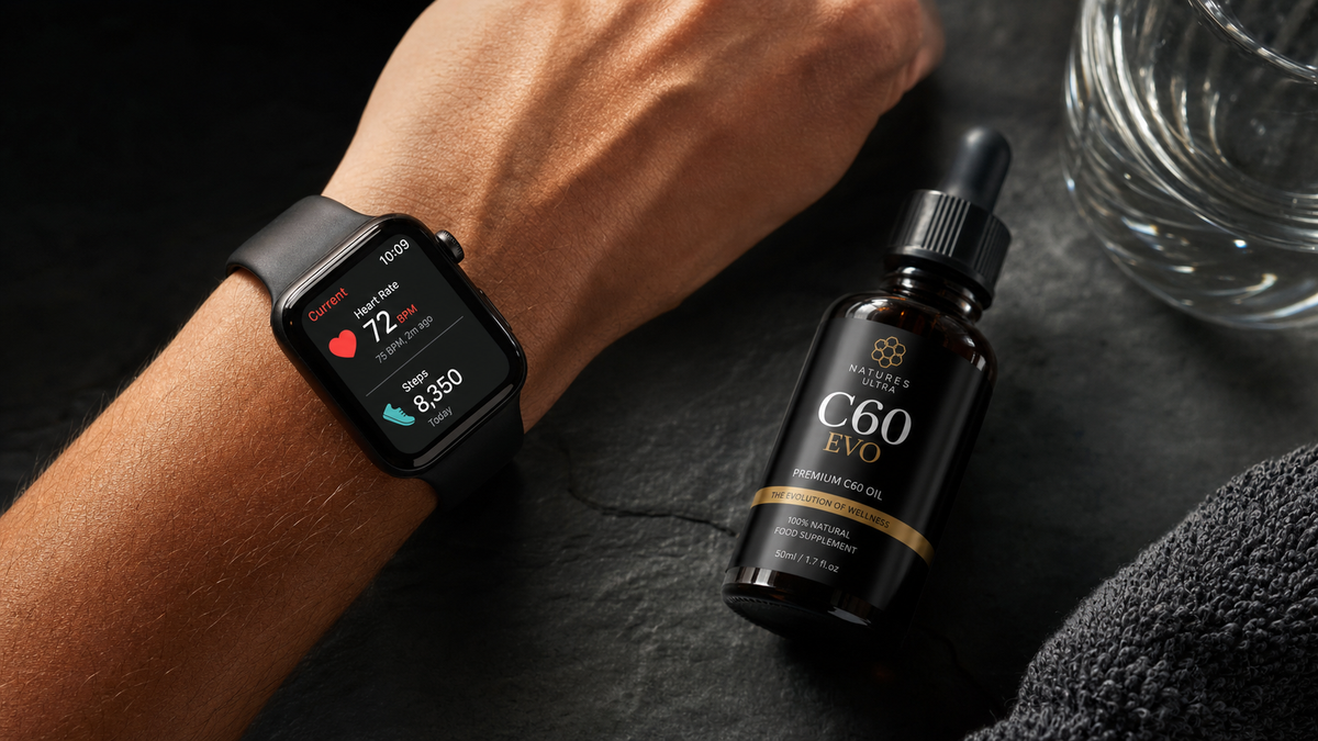 C60 Smart Watch on a wrist displaying heart rate data next to a bottle of carbon 60 supplement