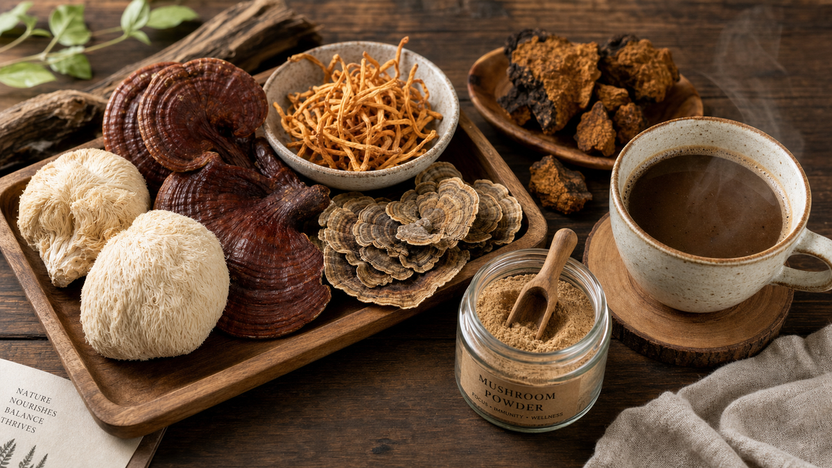 Organic mushroom complex supplement capsules displayed next to fresh Lion's Mane and Reishi mushrooms on a wooden surface